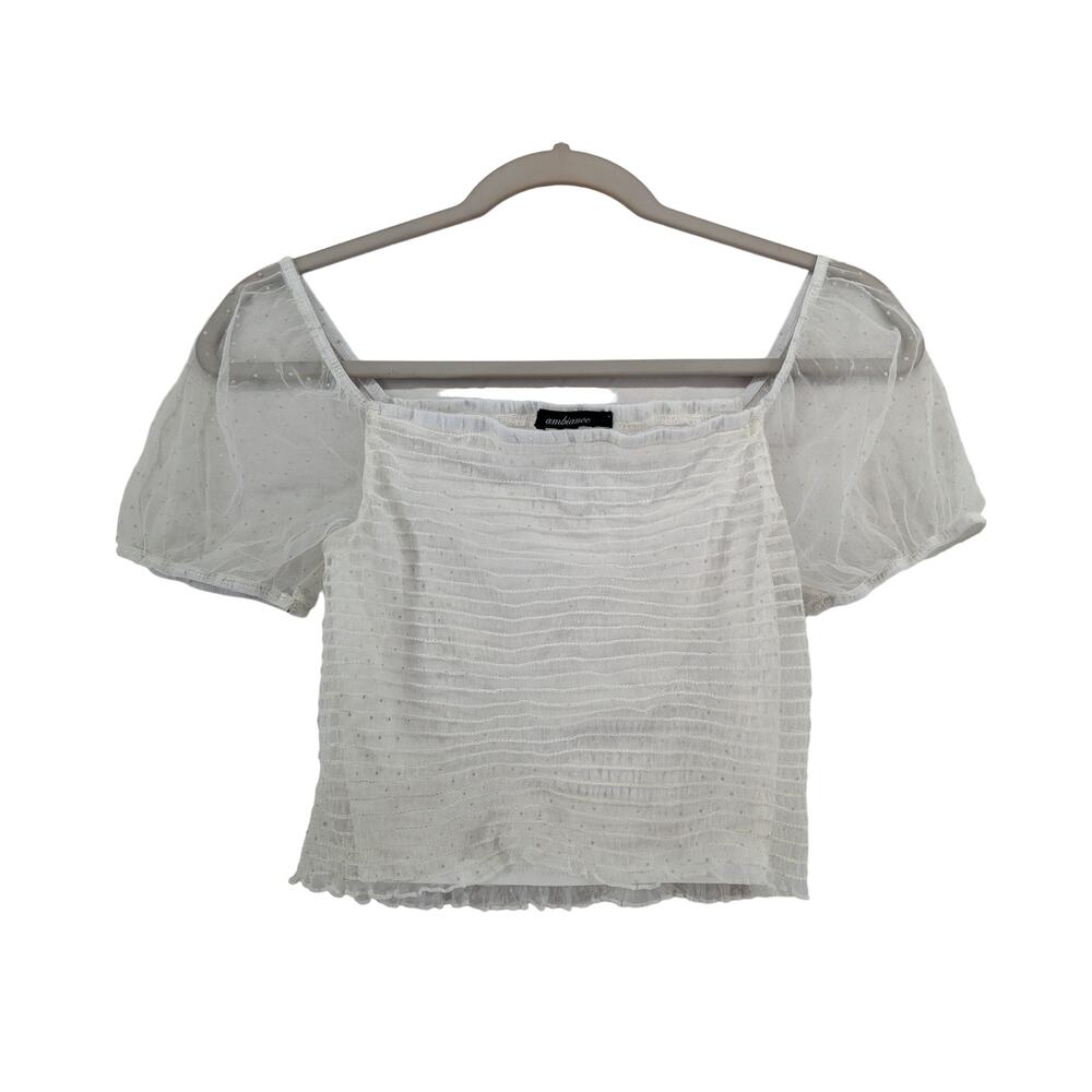 Ambiance Off Shoulder Cropped Top S White Smocked Sheer Sleeve Ruffle Hem Staple